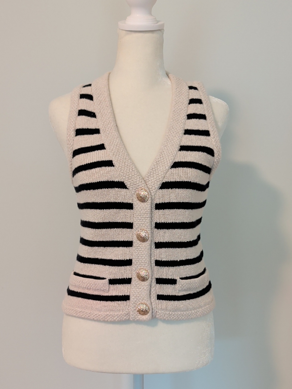 Cara Cara Striped V-Neck Button Front Vest in Cream and Black